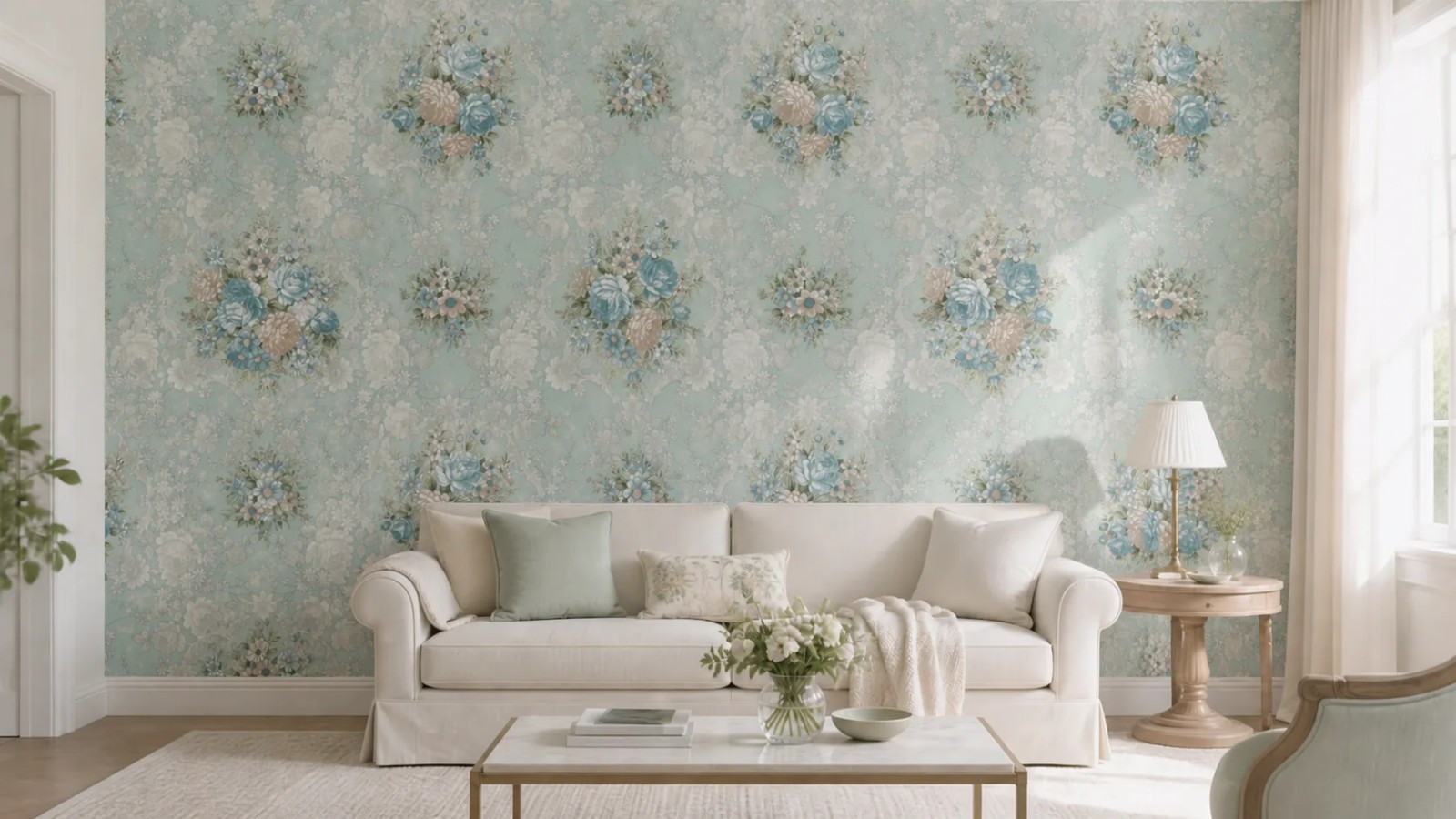 Papel pintado floral de PVC SANJIAV SJ-550903 en color menta instalado en un salón elegante