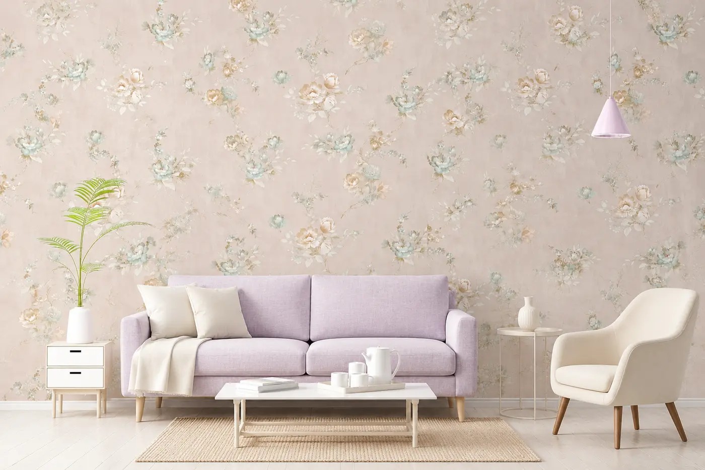 Floral PVC wallpaper used on a feature wall in a soft pink modern living room