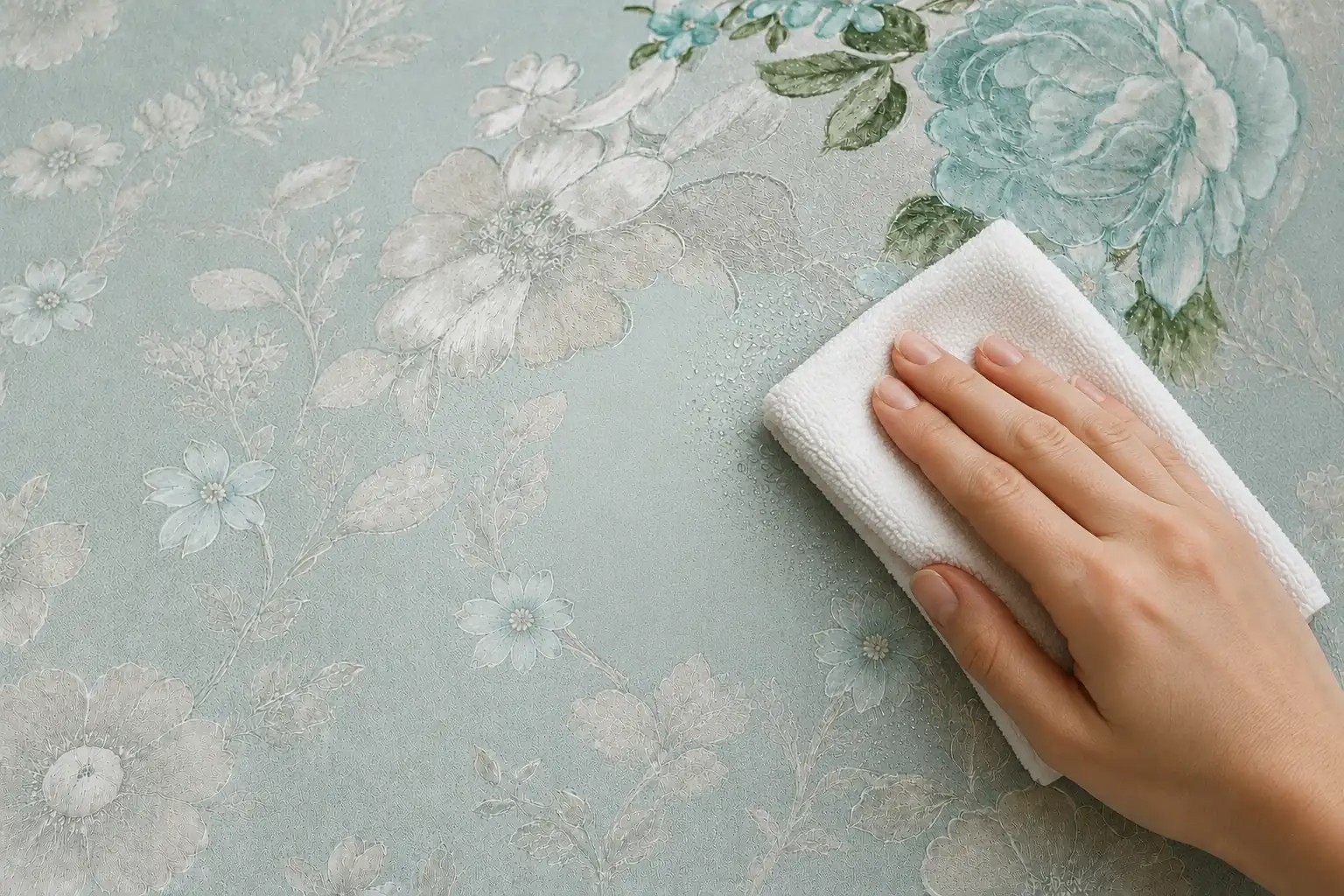 Limpieza de la superficie del papel pintado de PVC SANJIAV con un paño húmedo