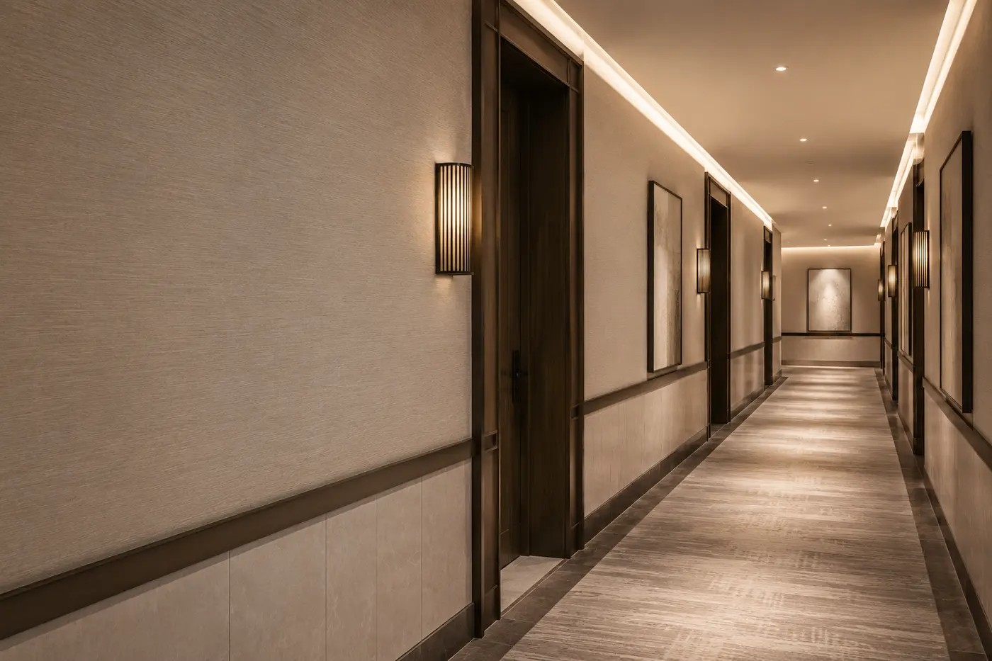 Durable commercial vinyl wallcovering installed in an upscale hotel corridor